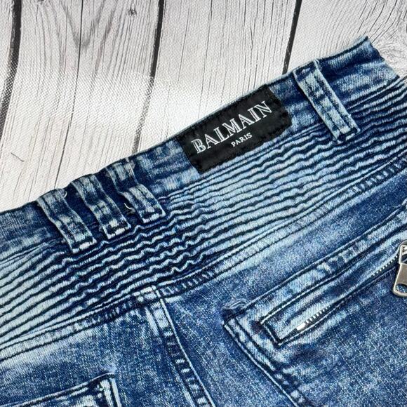 Balmain Blue Moto Distressed Jeans Size 32 please see last picture broke zipper - Picture 7 of 8